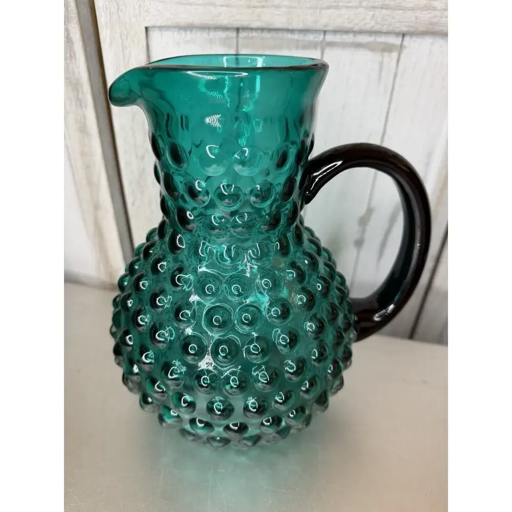 Vintage Hobnail Large Blown Glass Green Pitcher Applied Handle Victorian